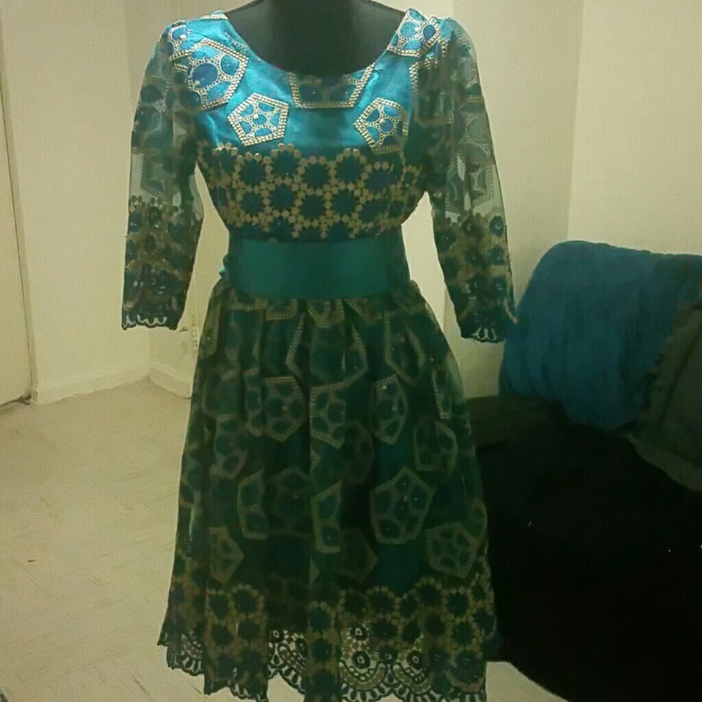 Teal/Gold Lace African Dress